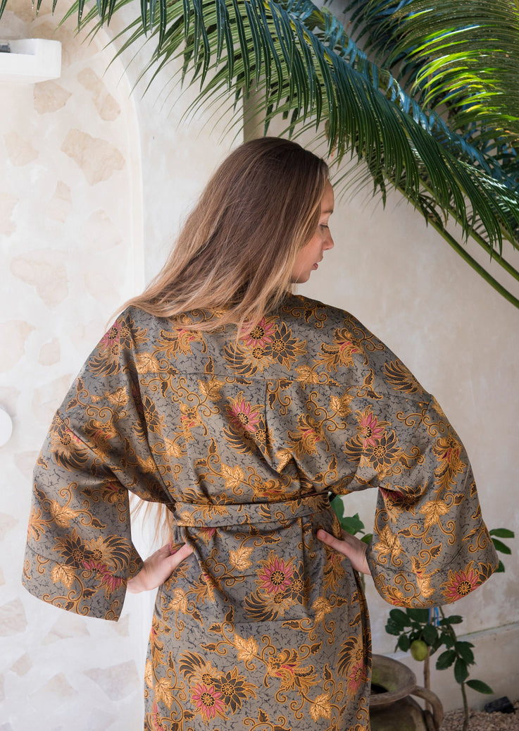 woman with gray silk kimono robe 