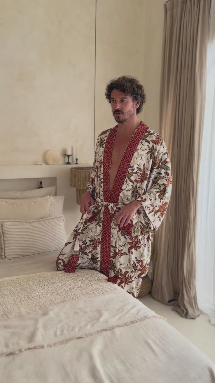 'BALI GARDEN IN WHITE' Silk Kimono Robe for Men