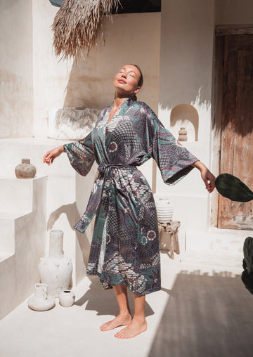 a woman wearing silk Kimono Robe Handmade in Bali