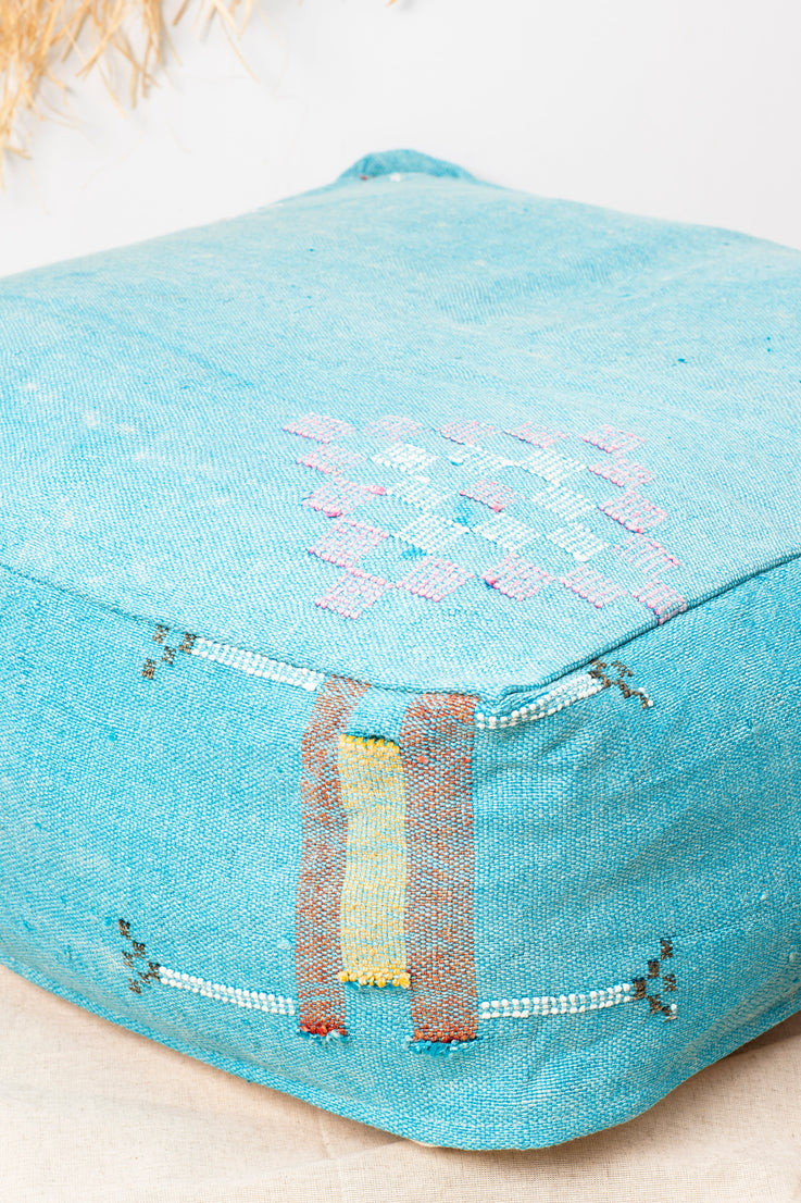 Sky Blue Cactus Silk Floor Pillow - Moroccan Pouf