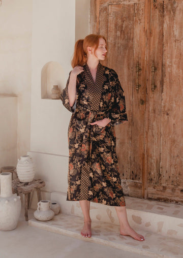 'NOIR BLOOM' Silk Kimono Robe for Women