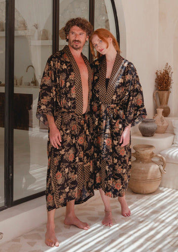 A man and woman wearing Black floral Silk Kimono Robe