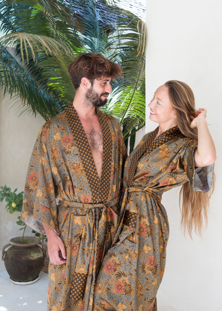 a couple wearing Gray Silk Kimono Robe Handmade in Bali