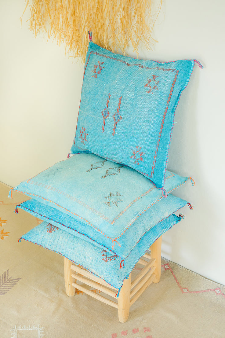 Blue Moroccan Cactus Silk Pillow