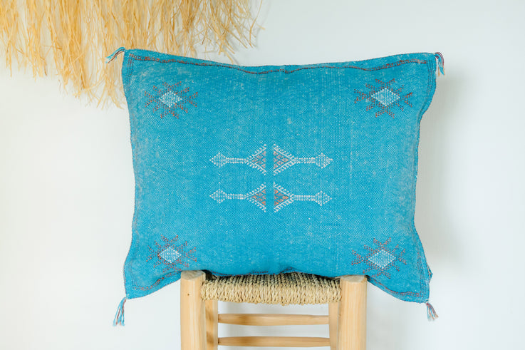 Blue Moroccan Cactus Silk Pillow