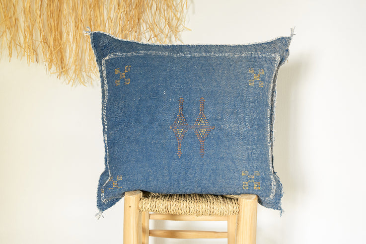 Dark Blue Moroccan Cactus Silk Pillow 