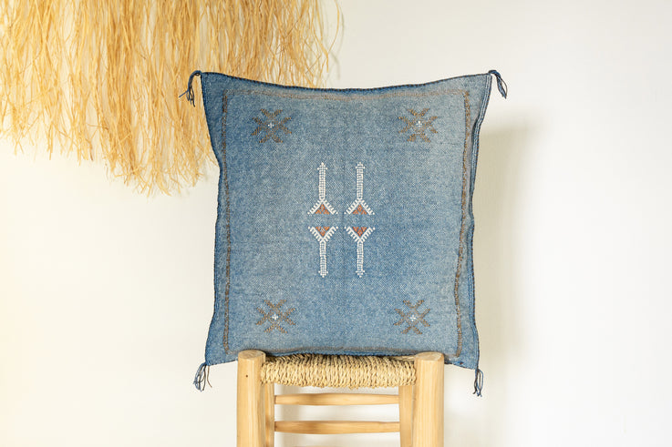 Dark Blue Moroccan Cactus Silk Pillow