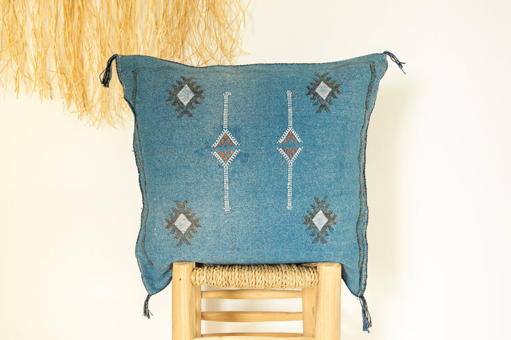 Blue Moroccan Cactus Silk Pillow