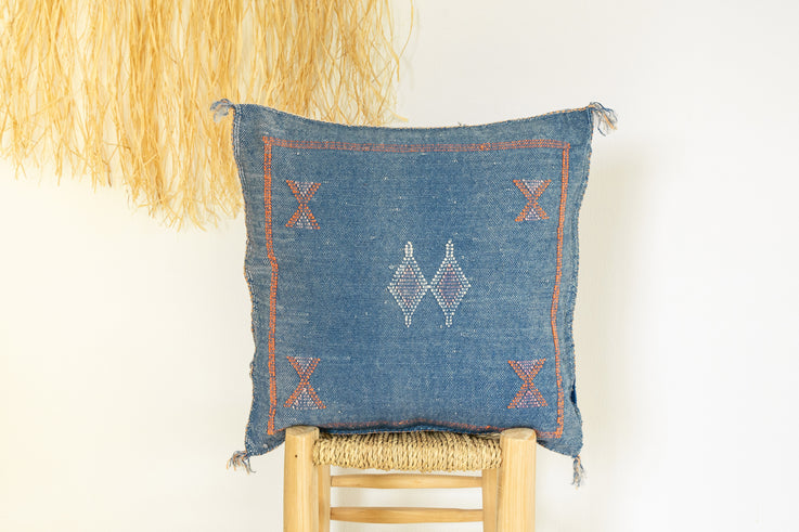 Dark Blue Moroccan Cactus Silk Pillow