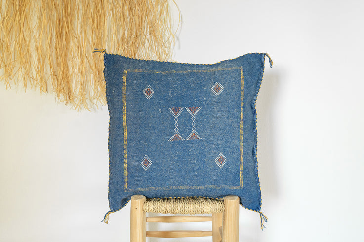 Dark Blue Moroccan Cactus Silk Pillow