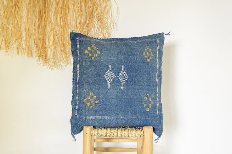 Dark Blue Moroccan Cactus Silk Pillow