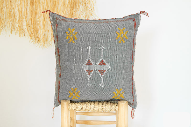 Gray Blue Moroccan Cactus Silk Pillow 