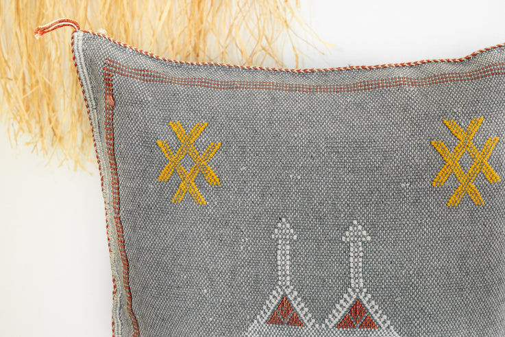 Gray Blue Moroccan Cactus Silk Pillow 