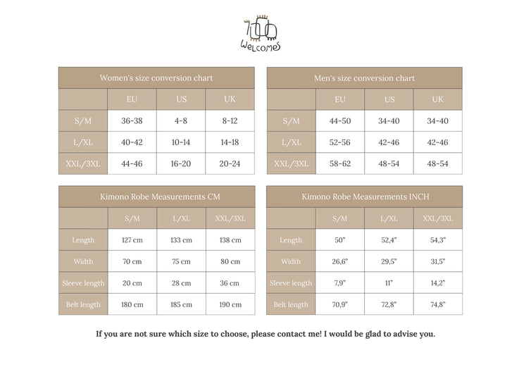 kimono robe size chart