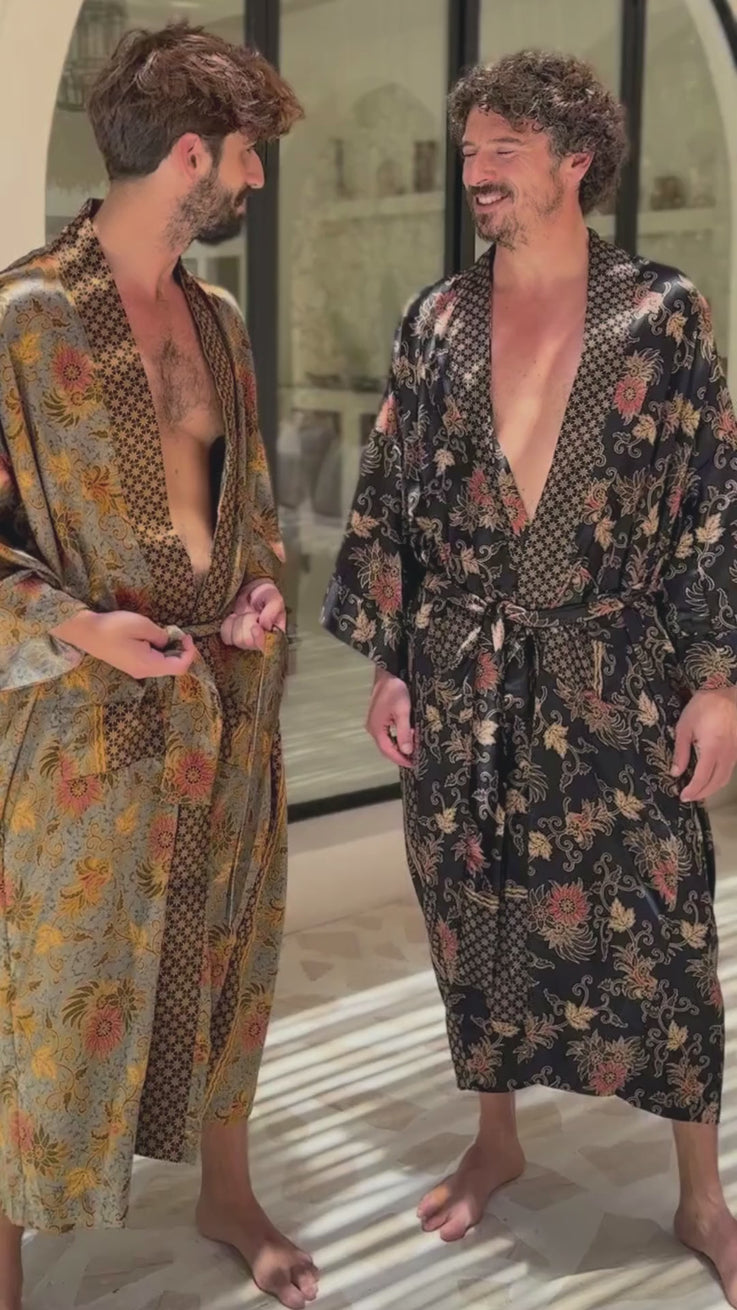 'NOIR BLOOM' Silk Kimono Robe for Men