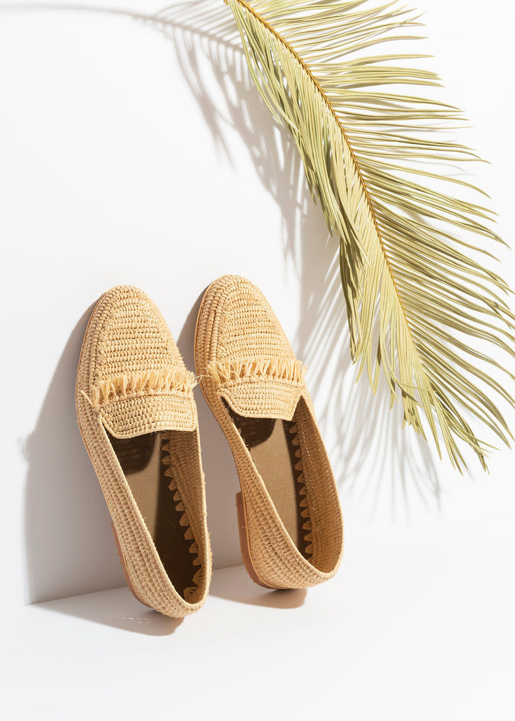 Fringed Raffia Loafer Sandals