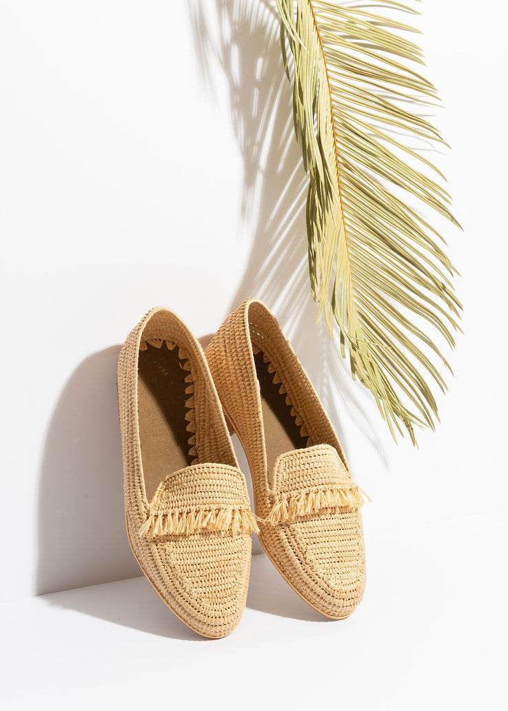 Fringed Raffia Loafer Sandals