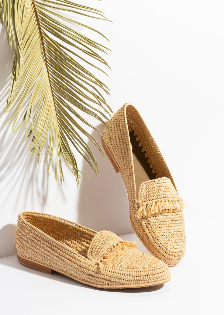 Fringed Raffia Loafer Sandals