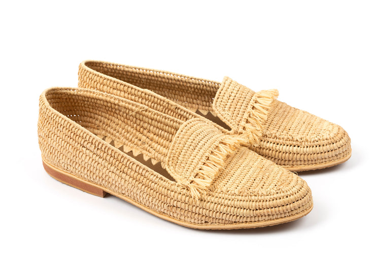 Fringed Raffia Loafer Sandals