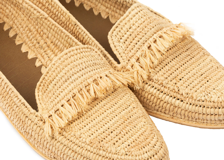 Fringed Raffia Loafer Sandals