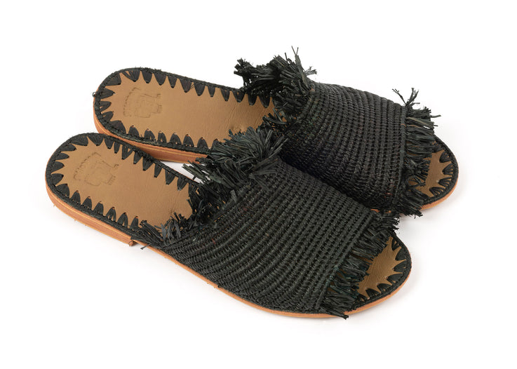 Black Raffia Fringed Slippers