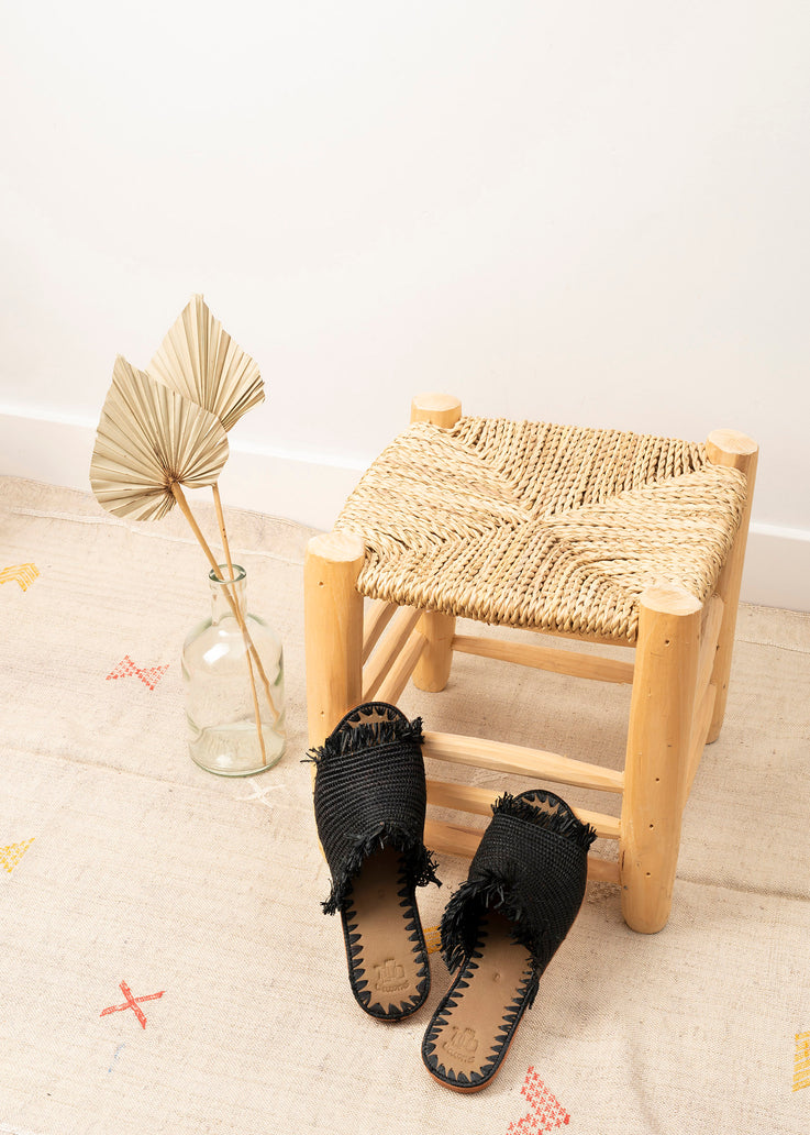 Black Raffia Fringed Slippers