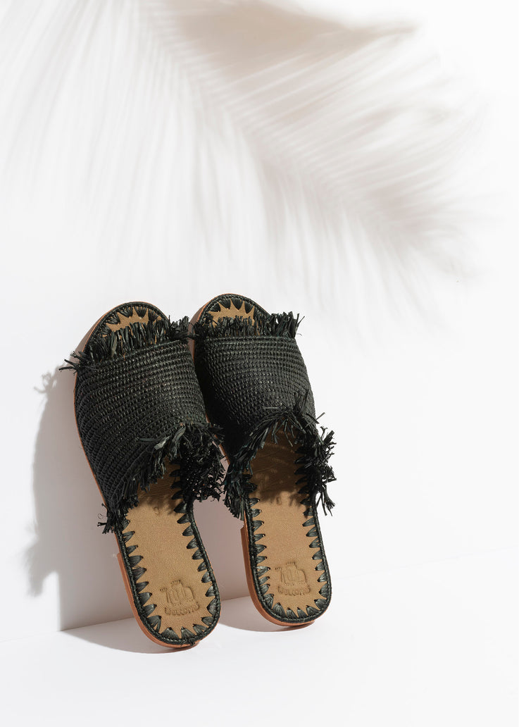 Black Raffia Fringed Slippers