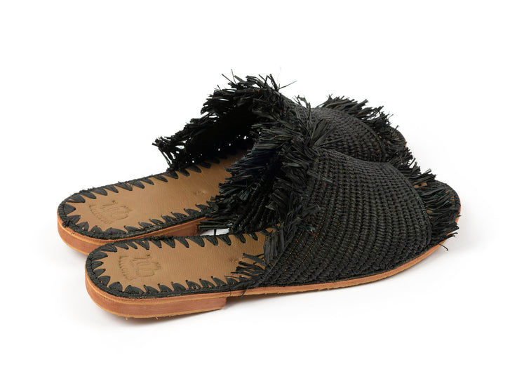 Schwarze Raffia Fransen Hausschuhe