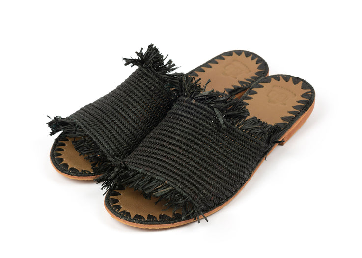 Black Raffia Fringed Slippers