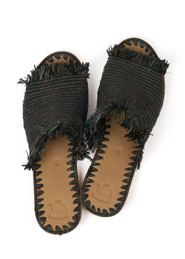 Black Raffia Fringed Slippers