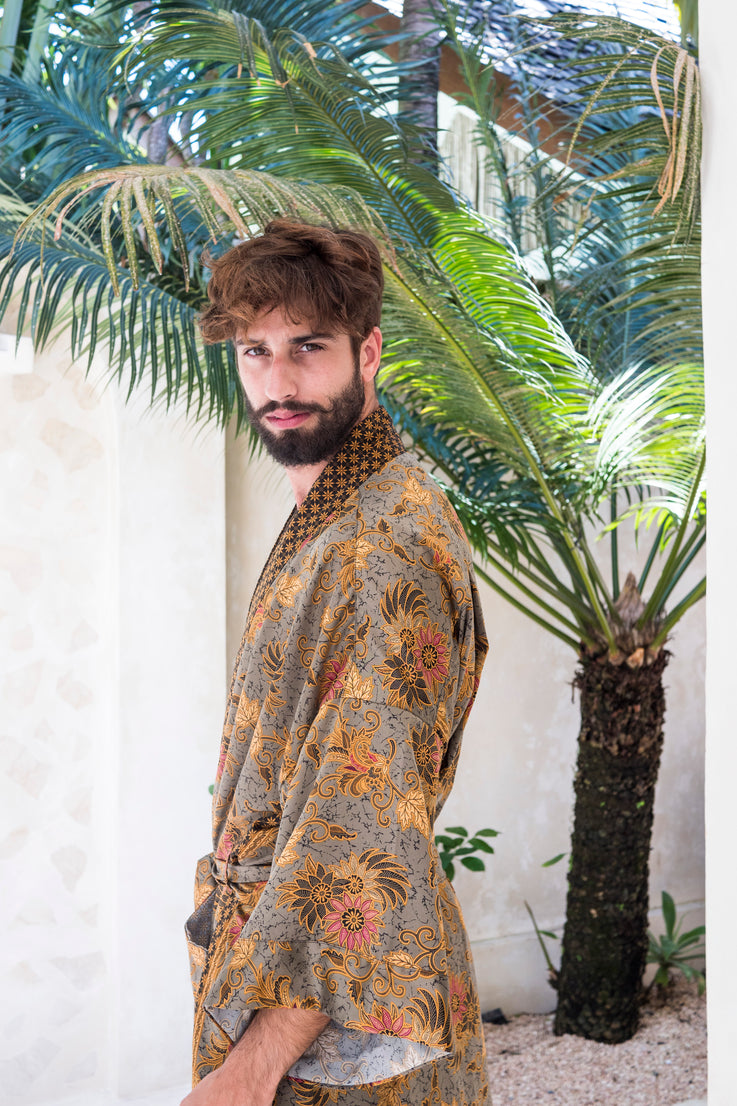 Gray Silk Kimono Robe for Men