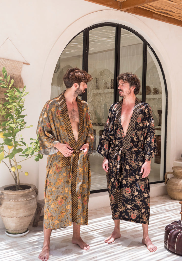 two men wearing balinese silk kimono robes