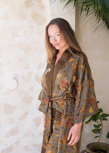 woman with gray silk kimono robe 