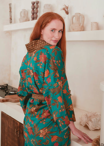 TEAL ORCHID Silk Kimono Robe for Woman