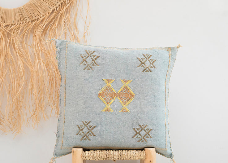 Light Blue Moroccan Cactus Silk Pillow