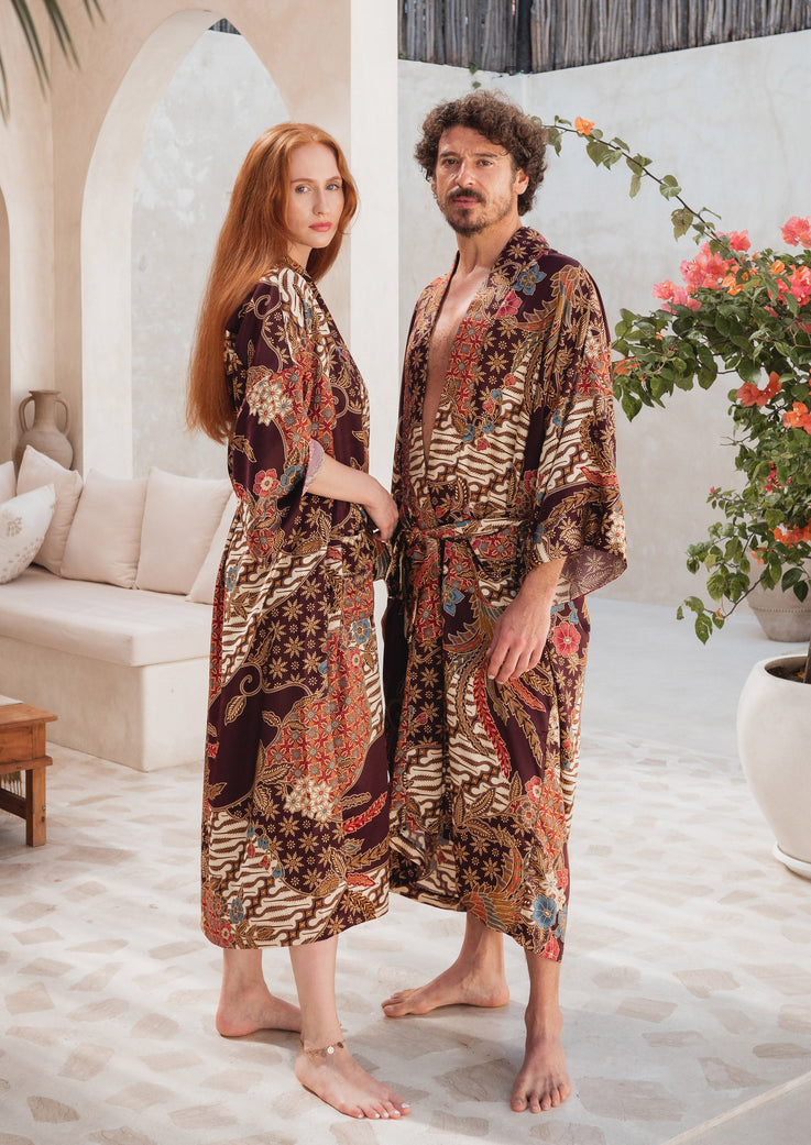 A Couple wearing burgundy Silk Kimono Robe handmade in Bali