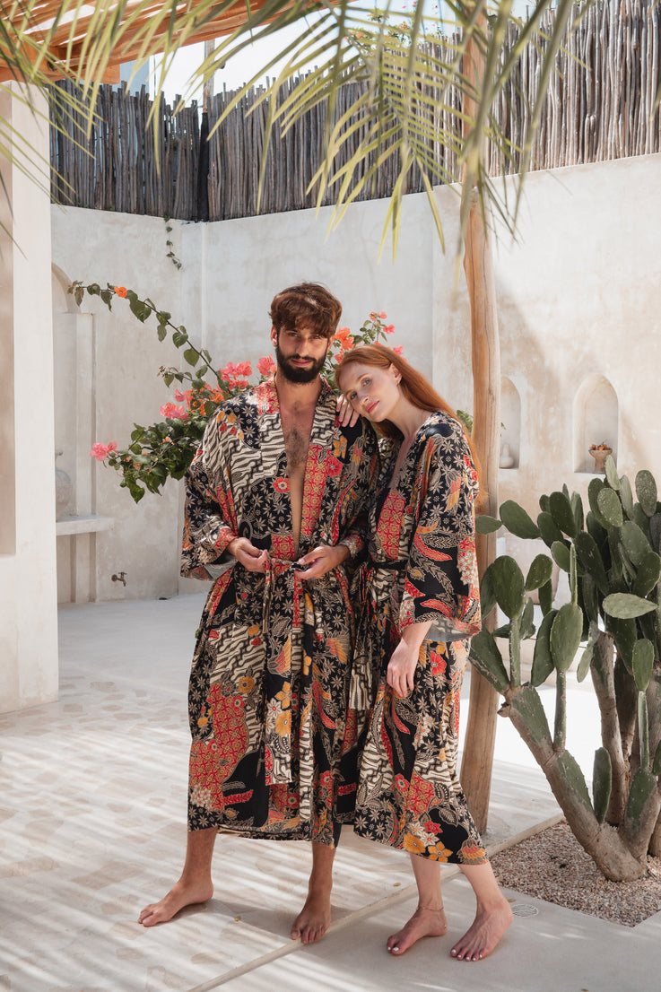 a couple standing and wearing balinese Silk Kimono Robe 