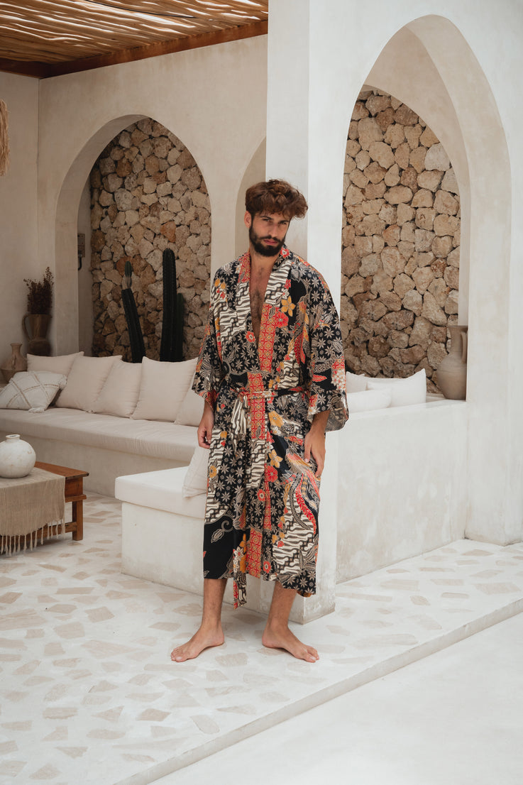 a man wearing balinese Silk Kimono Robe 