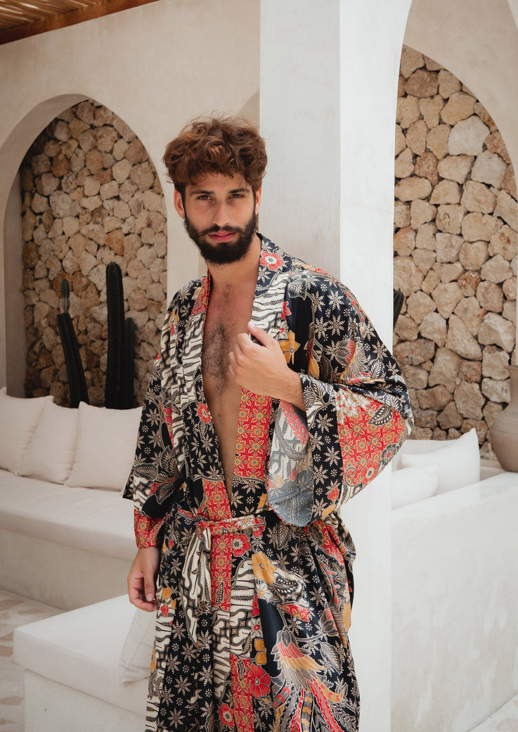 a man wearing balinese Silk Kimono Robe 
