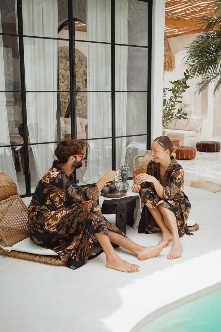 A couple wearing Silk Kimono Robe Handmade in Bali