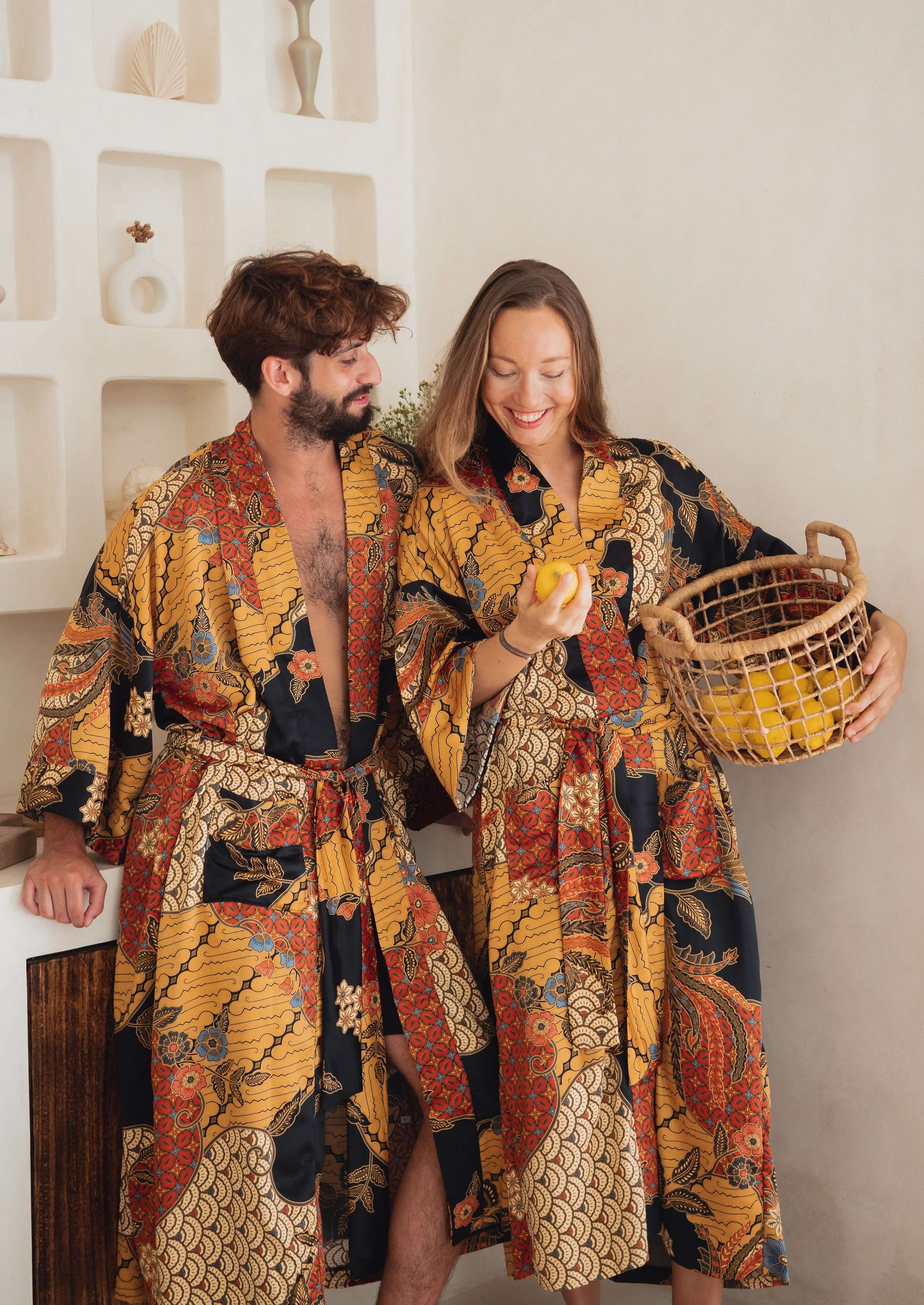 'CITRUS BLAZE' Silk Kimono Robe for Men