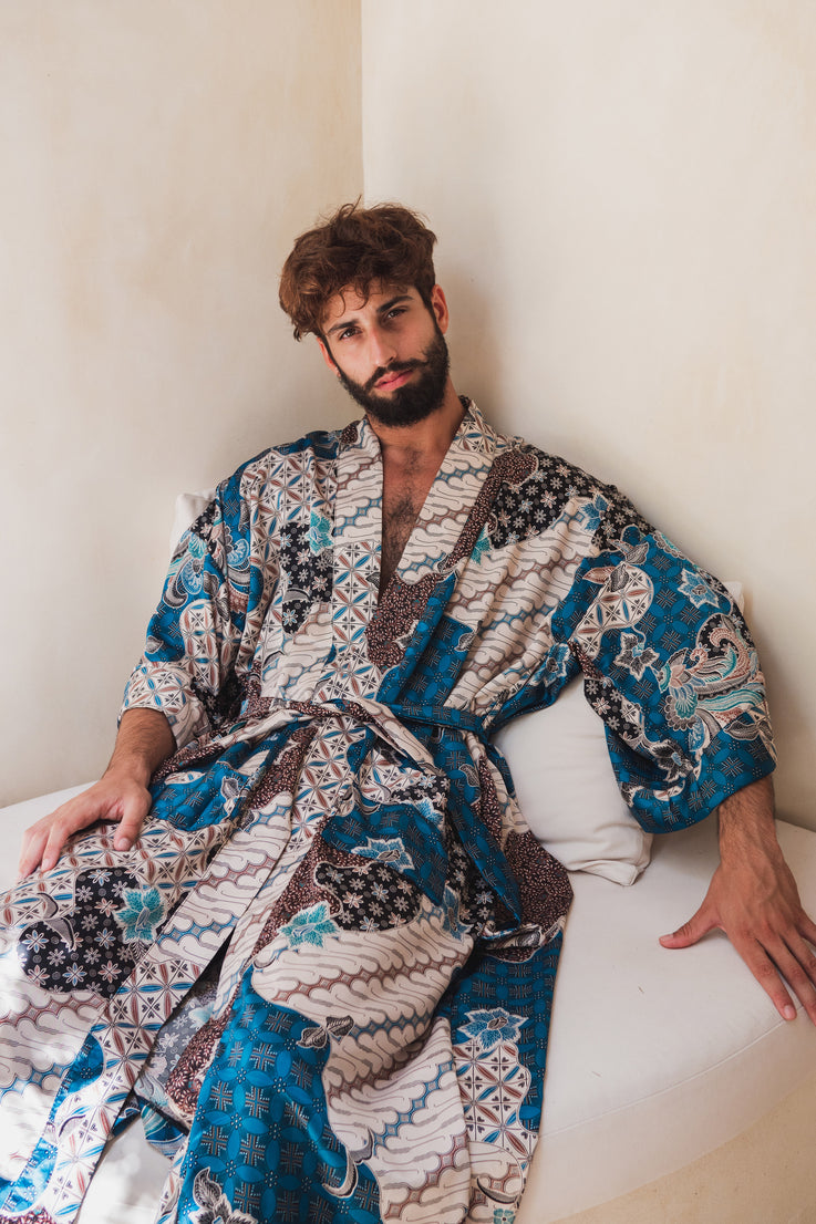 Men's Satin Silk Kimono Robe Blue/White