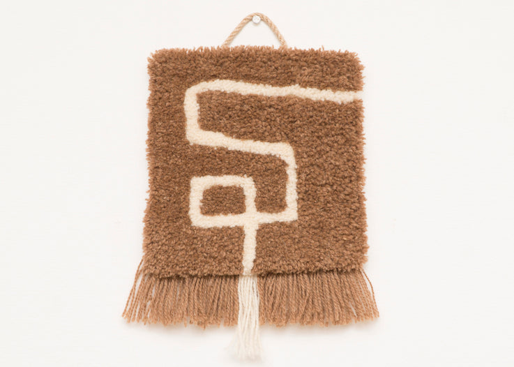 Brown Line Art Small Tufted Wall Hanging with Fringe 100% Sheep's Wool