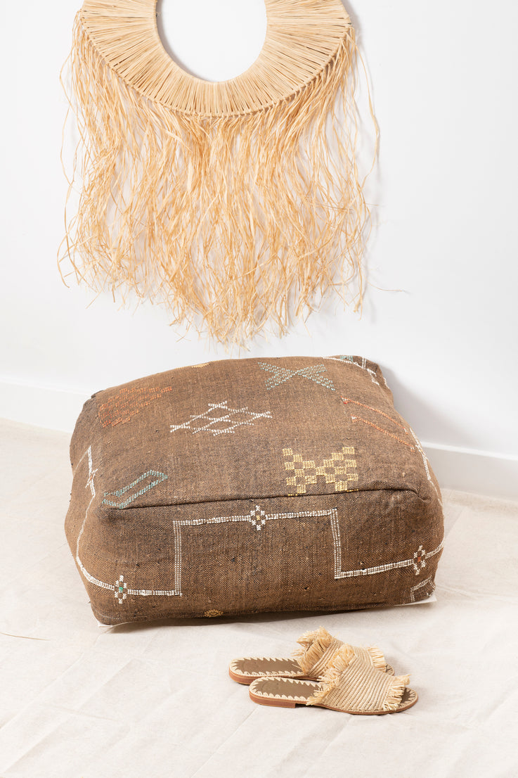 Brown Cactus Silk Floor Pillow - Moroccan Pouf