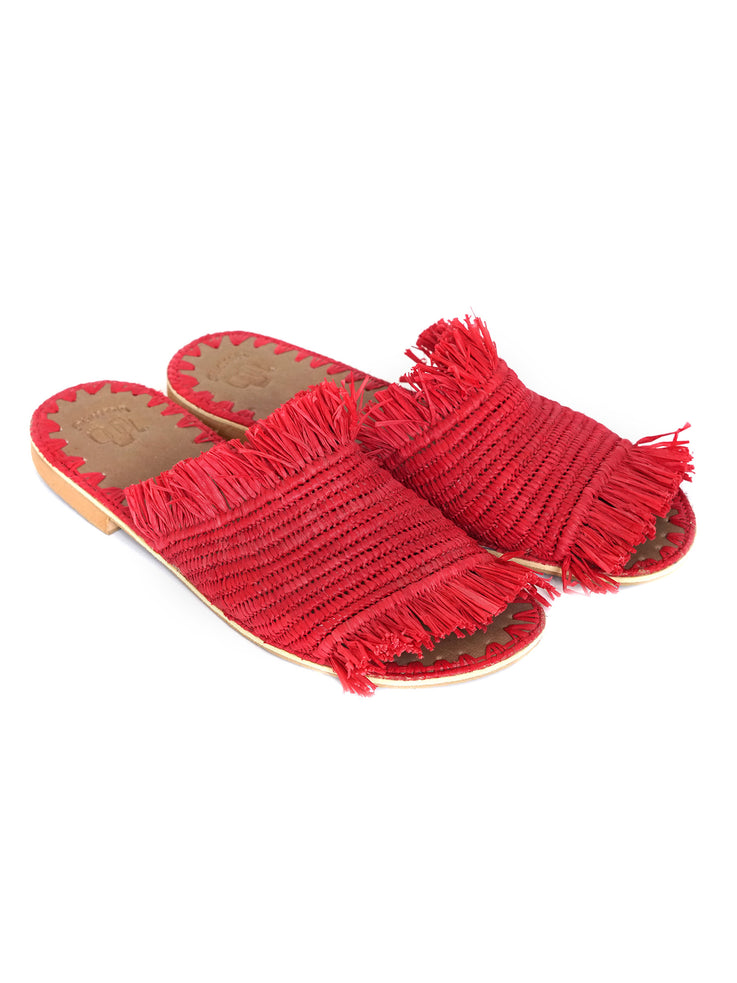 Red Raffia Slippers Handwoven in Morocco
