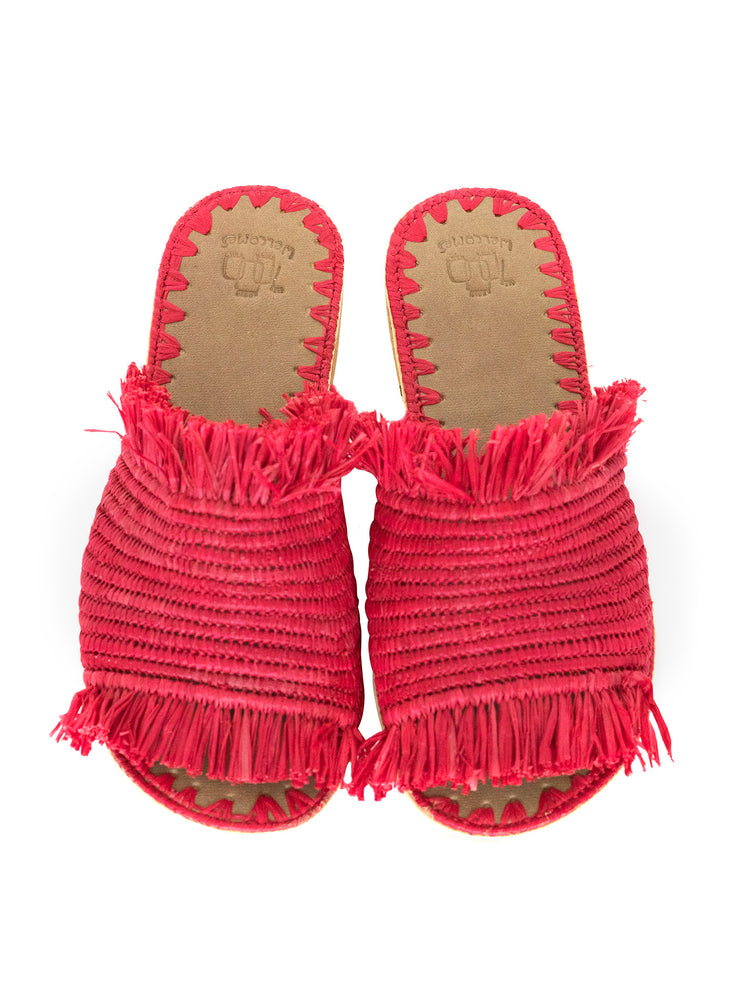 Red Raffia Slippers Handwoven in Morocco