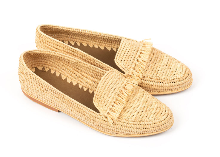 Natural Raffia Fringed Moccasins Handwoven in Morocco